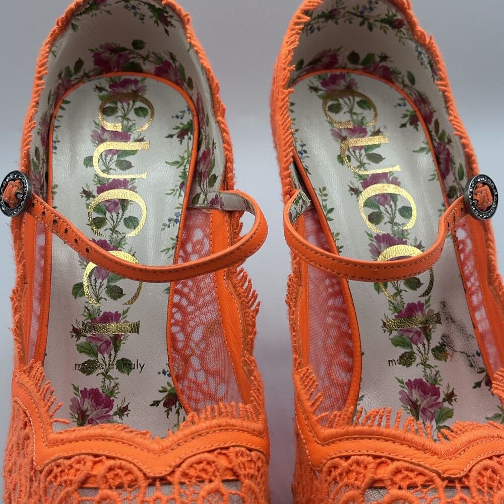 Gucci Virginia Orange Lace Mary Jane Pumps 38 7.5 95mm Crystal Buckle - Picture 3 of 8